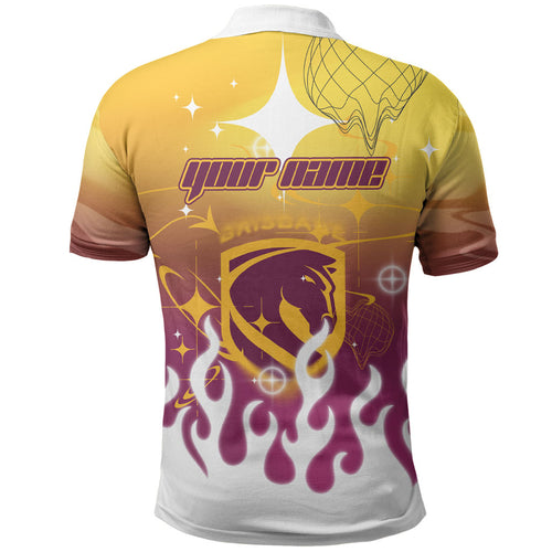 Personalized Brisbane Broncos Polo Shirt Y2K Grunge Aesthetic With Cyber Flames and Starburst Graphics
