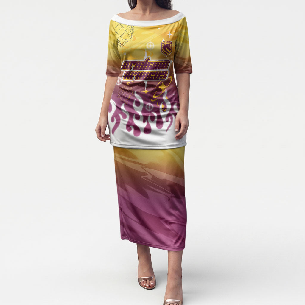 Personalized Brisbane Broncos Puletasi Y2K Grunge Aesthetic With Cyber Flames and Starburst Graphics