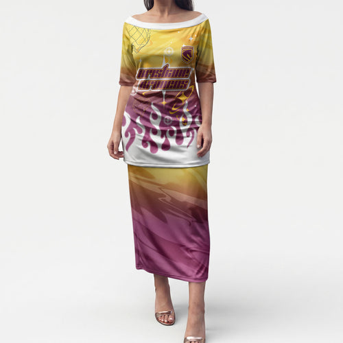 Personalized Brisbane Broncos Puletasi Y2K Grunge Aesthetic With Cyber Flames and Starburst Graphics