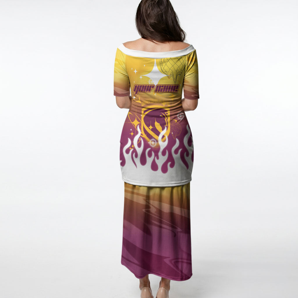 Personalized Brisbane Broncos Puletasi Y2K Grunge Aesthetic With Cyber Flames and Starburst Graphics