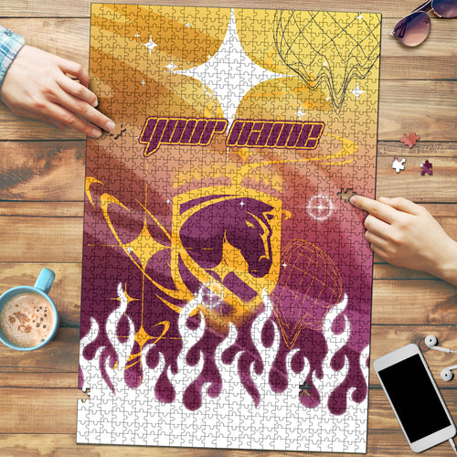 Personalized Brisbane Broncos Puzzle Y2K Grunge Aesthetic With Cyber Flames and Starburst Graphics