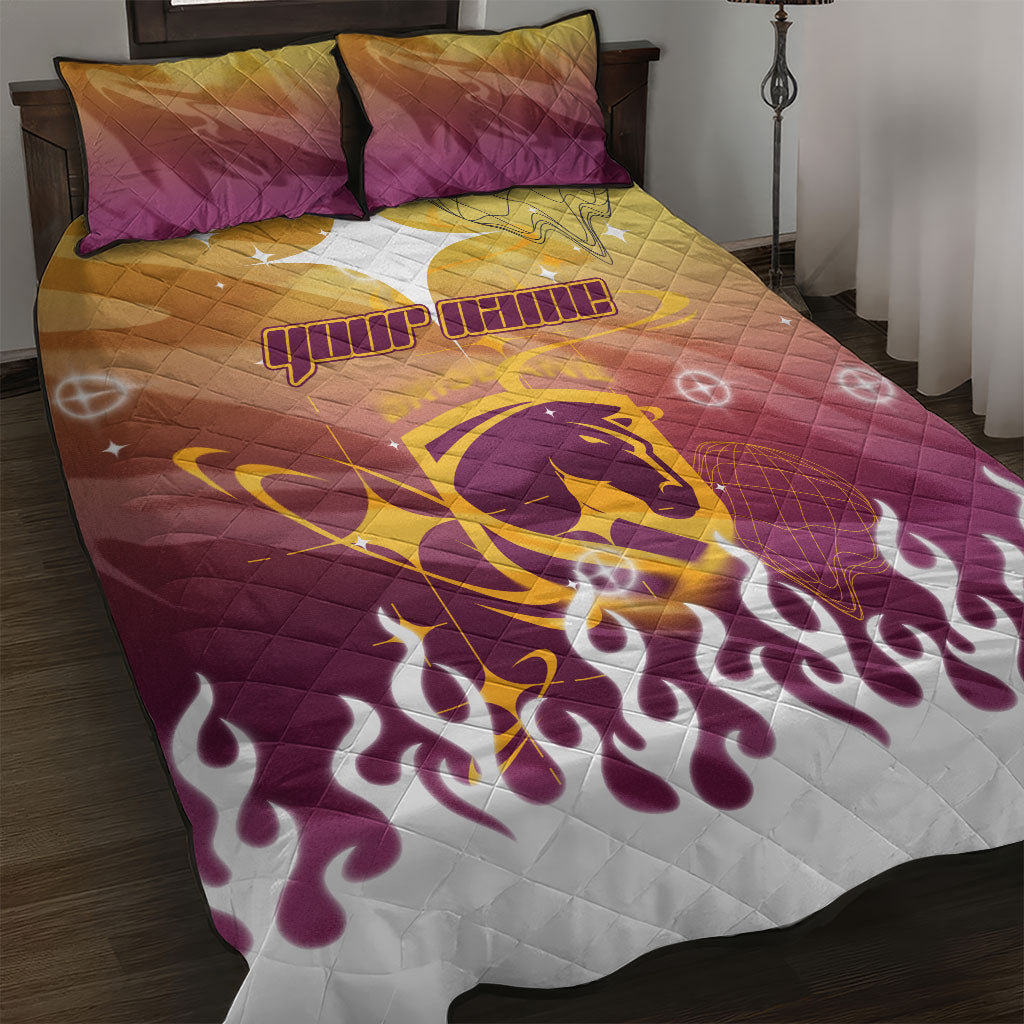 Personalized Brisbane Broncos Quilt Bed Set Y2K Grunge Aesthetic With Cyber Flames and Starburst Graphics