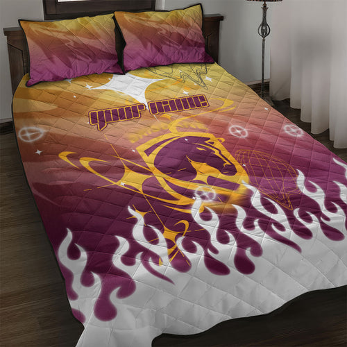 Personalized Brisbane Broncos Quilt Bed Set Y2K Grunge Aesthetic With Cyber Flames and Starburst Graphics