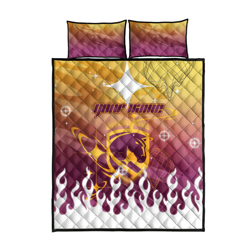 Personalized Brisbane Broncos Quilt Bed Set Y2K Grunge Aesthetic With Cyber Flames and Starburst Graphics