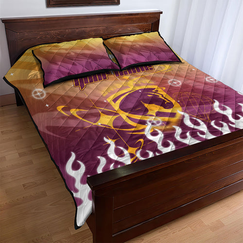 Personalized Brisbane Broncos Quilt Bed Set Y2K Grunge Aesthetic With Cyber Flames and Starburst Graphics