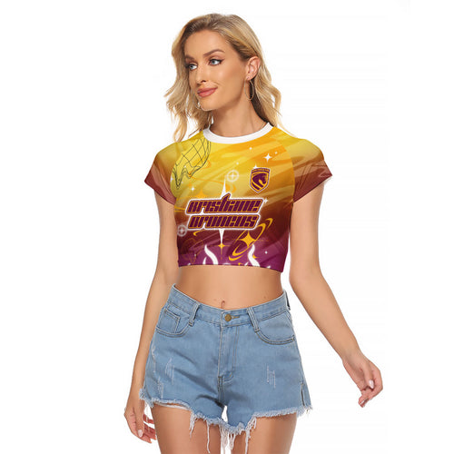 Personalized Brisbane Broncos Raglan Cropped T Shirt Y2K Grunge Aesthetic With Cyber Flames and Starburst Graphics