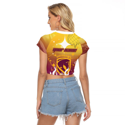 Personalized Brisbane Broncos Raglan Cropped T Shirt Y2K Grunge Aesthetic With Cyber Flames and Starburst Graphics