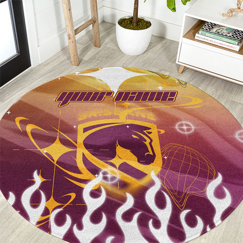 Personalized Brisbane Broncos Round Carpet Y2K Grunge Aesthetic With Cyber Flames and Starburst Graphics