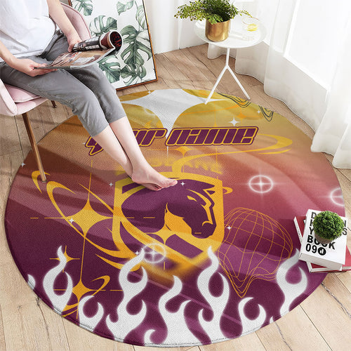 Personalized Brisbane Broncos Round Carpet Y2K Grunge Aesthetic With Cyber Flames and Starburst Graphics