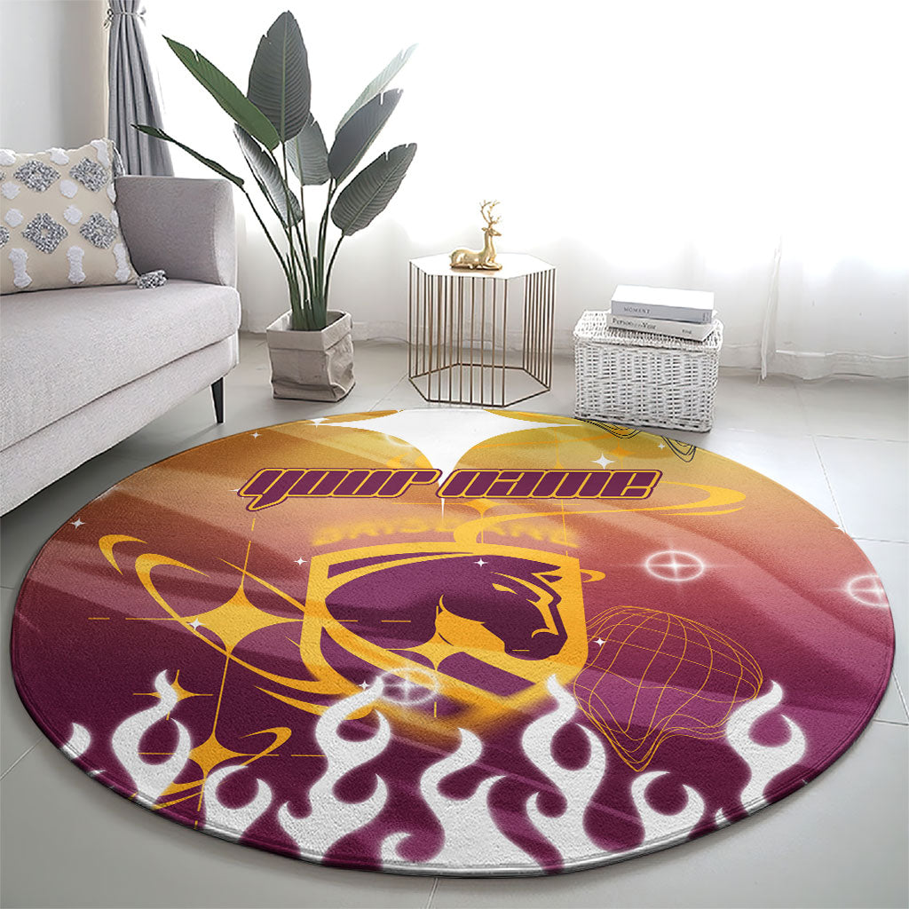 Personalized Brisbane Broncos Round Carpet Y2K Grunge Aesthetic With Cyber Flames and Starburst Graphics