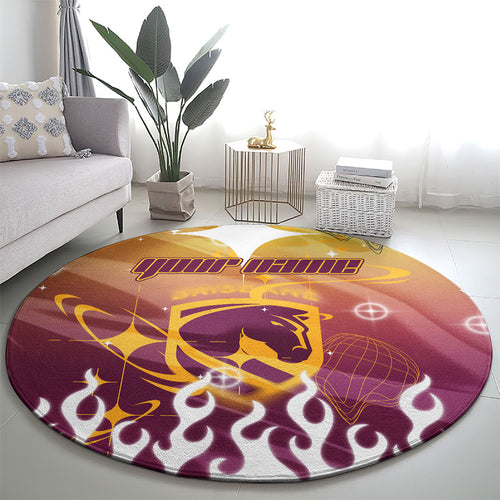 Personalized Brisbane Broncos Round Carpet Y2K Grunge Aesthetic With Cyber Flames and Starburst Graphics