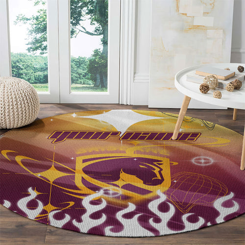 Personalized Brisbane Broncos Round Carpet Y2K Grunge Aesthetic With Cyber Flames and Starburst Graphics