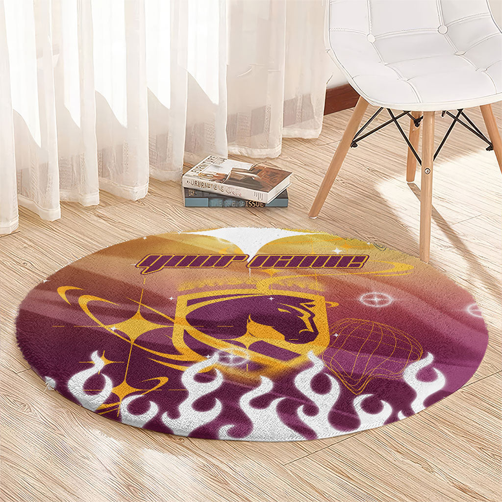 Personalized Brisbane Broncos Round Carpet Y2K Grunge Aesthetic With Cyber Flames and Starburst Graphics