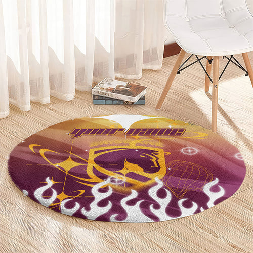 Personalized Brisbane Broncos Round Carpet Y2K Grunge Aesthetic With Cyber Flames and Starburst Graphics