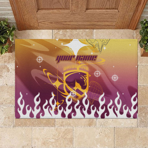 Personalized Brisbane Broncos Rubber Doormat Y2K Grunge Aesthetic With Cyber Flames and Starburst Graphics