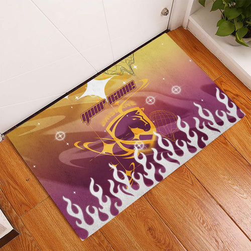 Personalized Brisbane Broncos Rubber Doormat Y2K Grunge Aesthetic With Cyber Flames and Starburst Graphics