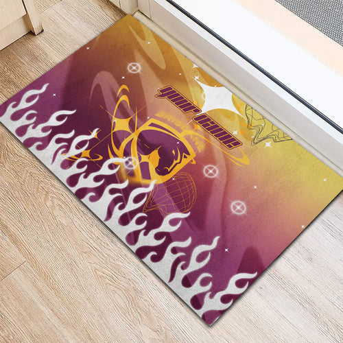 Personalized Brisbane Broncos Rubber Doormat Y2K Grunge Aesthetic With Cyber Flames and Starburst Graphics
