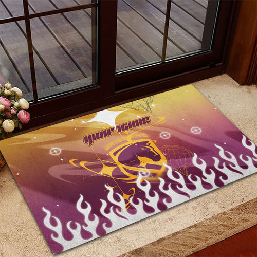 Personalized Brisbane Broncos Rubber Doormat Y2K Grunge Aesthetic With Cyber Flames and Starburst Graphics