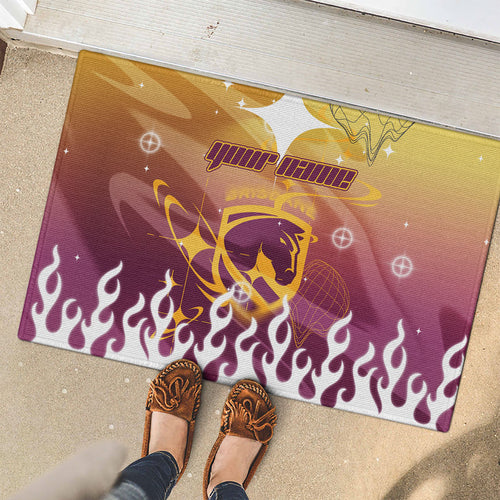 Personalized Brisbane Broncos Rubber Doormat Y2K Grunge Aesthetic With Cyber Flames and Starburst Graphics