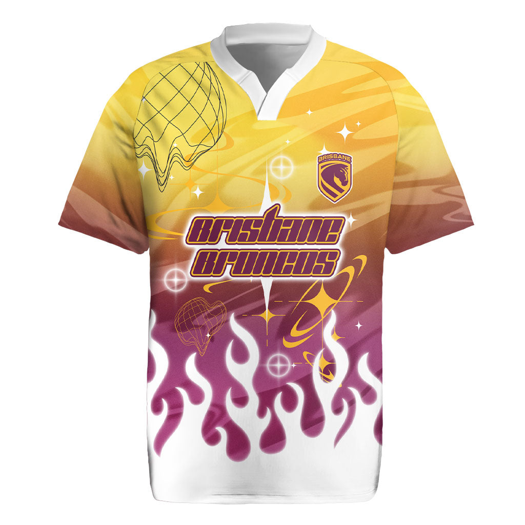 Personalized Brisbane Broncos Rugby Jersey Y2K Grunge Aesthetic With Cyber Flames and Starburst Graphics