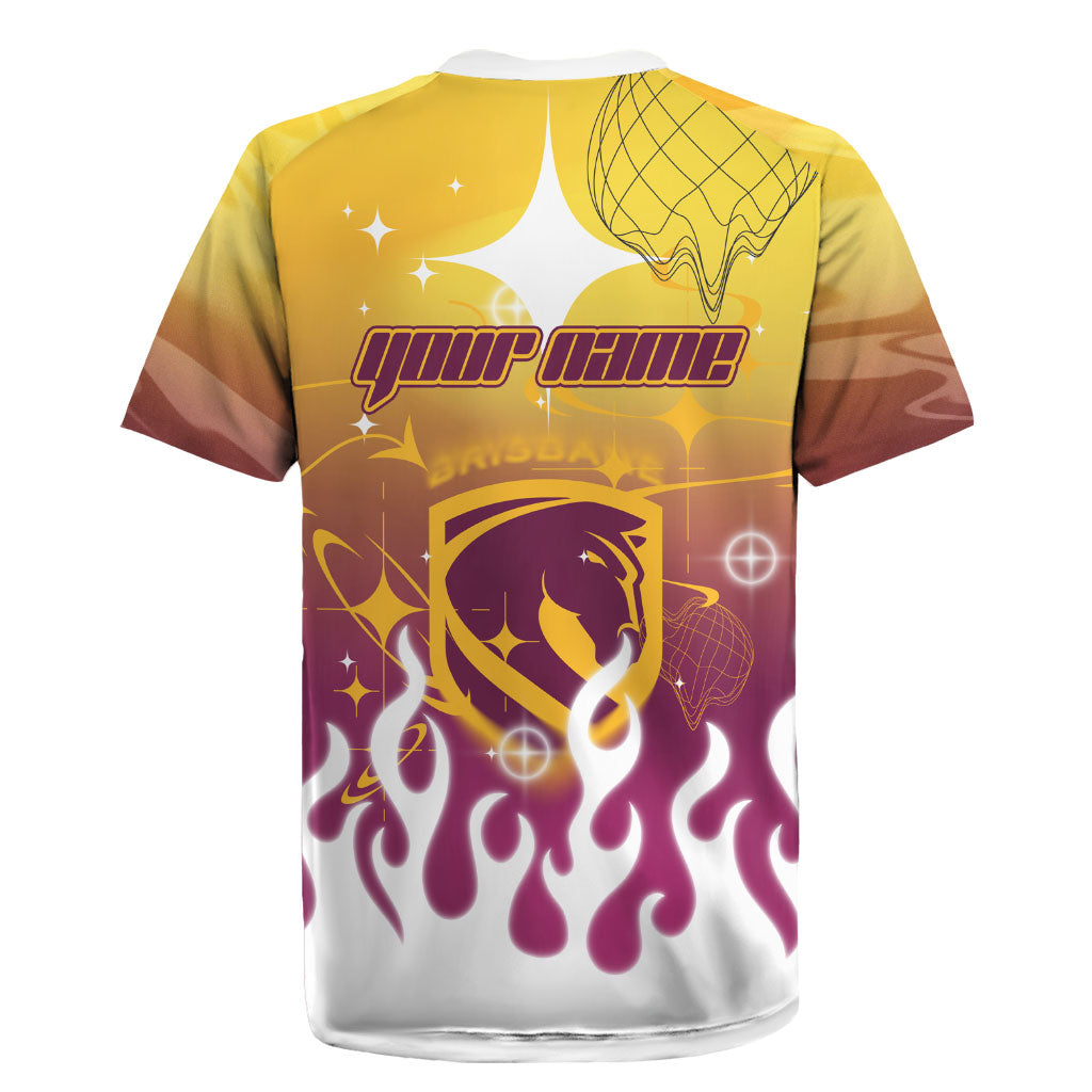 Personalized Brisbane Broncos Rugby Jersey Y2K Grunge Aesthetic With Cyber Flames and Starburst Graphics