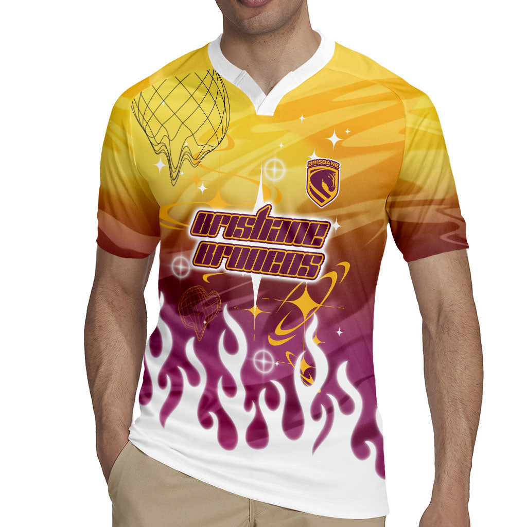 Personalized Brisbane Broncos Rugby Jersey Y2K Grunge Aesthetic With Cyber Flames and Starburst Graphics
