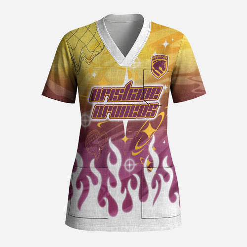 Personalized Brisbane Broncos Scrub Top Y2K Grunge Aesthetic With Cyber Flames and Starburst Graphics