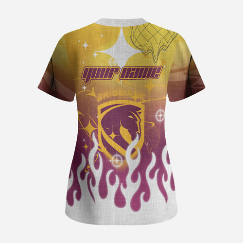 Personalized Brisbane Broncos Scrub Top Y2K Grunge Aesthetic With Cyber Flames and Starburst Graphics