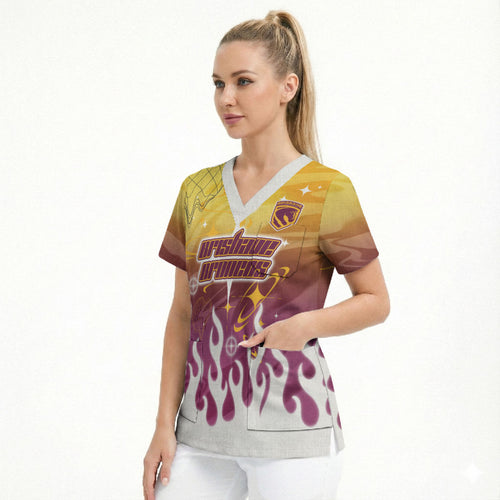 Personalized Brisbane Broncos Scrub Top Y2K Grunge Aesthetic With Cyber Flames and Starburst Graphics