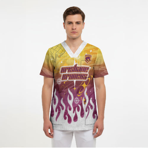 Personalized Brisbane Broncos Scrub Top Y2K Grunge Aesthetic With Cyber Flames and Starburst Graphics