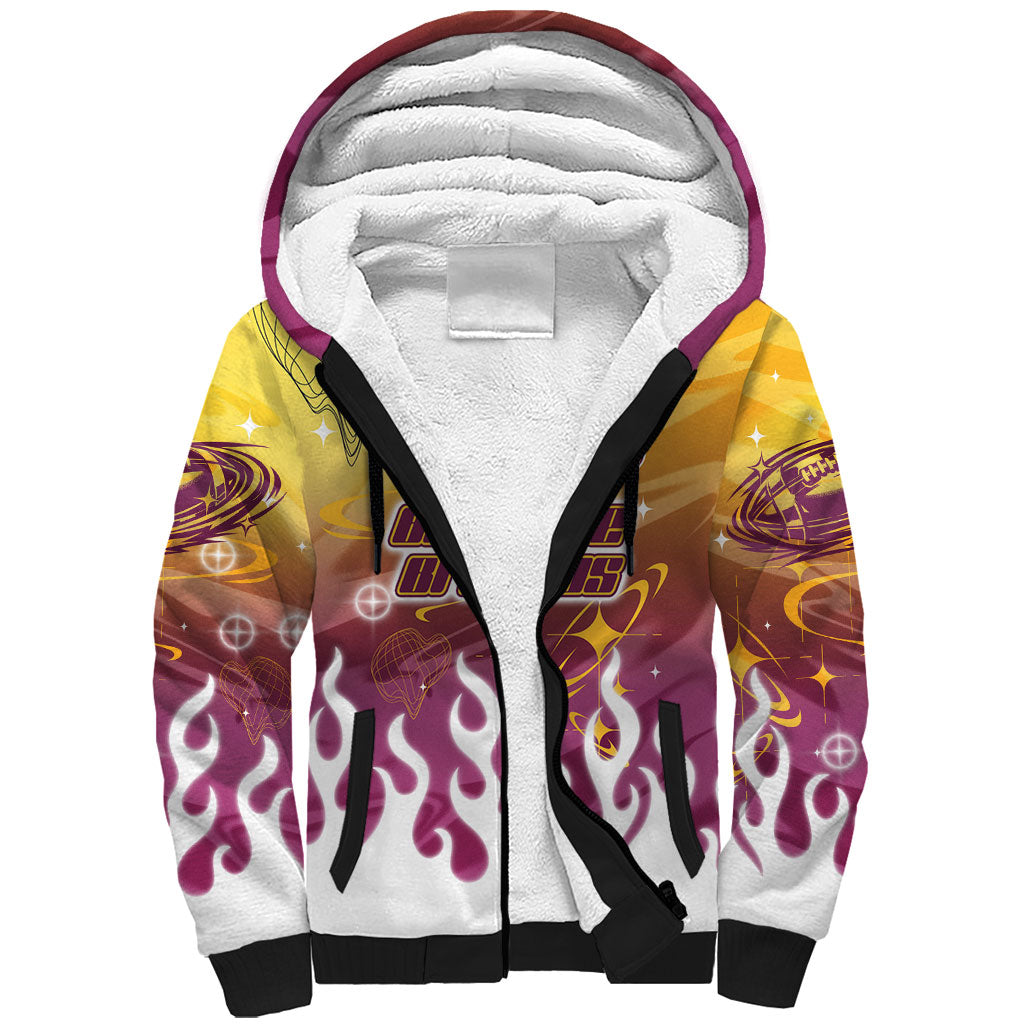 Personalized Brisbane Broncos Sherpa Hoodie Y2K Grunge Aesthetic With Cyber Flames and Starburst Graphics