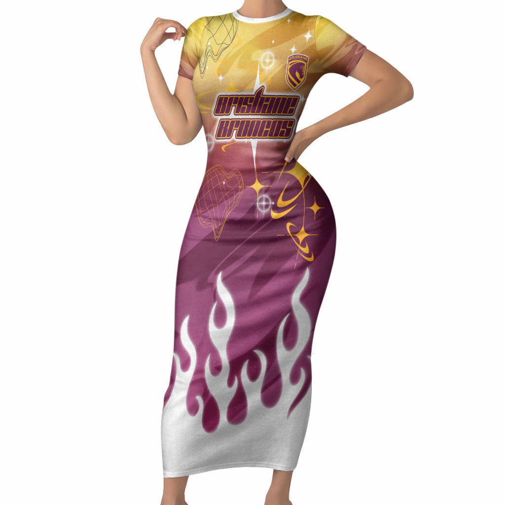 Personalized Brisbane Broncos Short Sleeve Bodycon Dress Y2K Grunge Aesthetic With Cyber Flames and Starburst Graphics