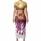 Personalized Brisbane Broncos Short Sleeve Bodycon Dress Y2K Grunge Aesthetic With Cyber Flames and Starburst Graphics