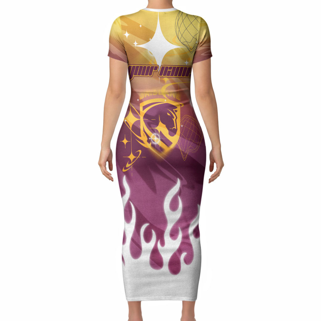 Personalized Brisbane Broncos Short Sleeve Bodycon Dress Y2K Grunge Aesthetic With Cyber Flames and Starburst Graphics