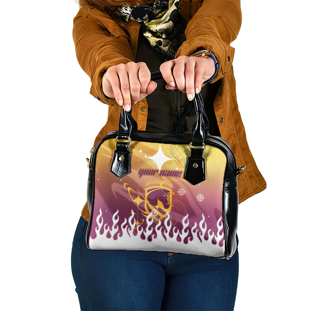 Personalized Brisbane Broncos Shoulder Handbag Y2K Grunge Aesthetic With Cyber Flames and Starburst Graphics