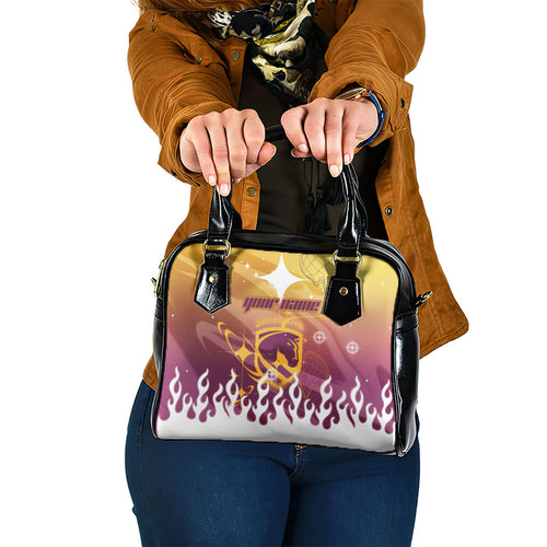 Personalized Brisbane Broncos Shoulder Handbag Y2K Grunge Aesthetic With Cyber Flames and Starburst Graphics