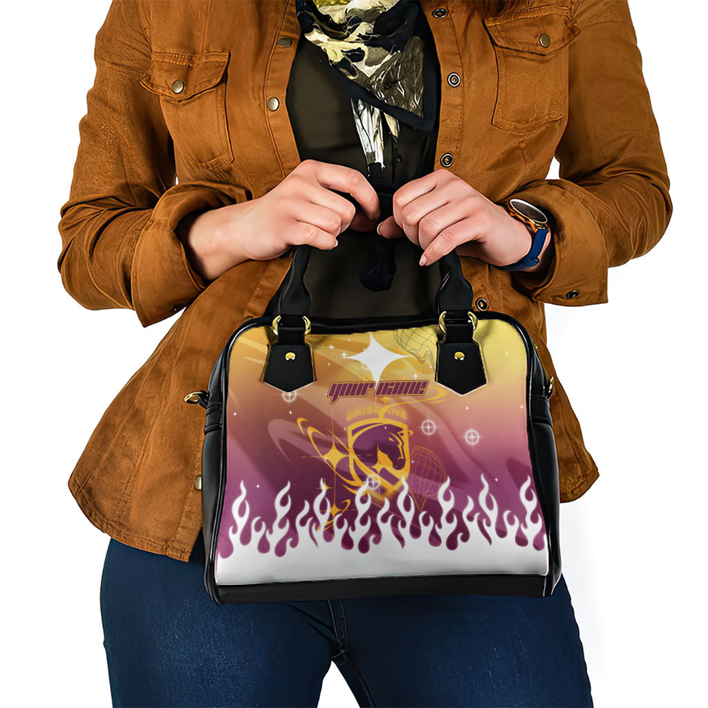 Personalized Brisbane Broncos Shoulder Handbag Y2K Grunge Aesthetic With Cyber Flames and Starburst Graphics