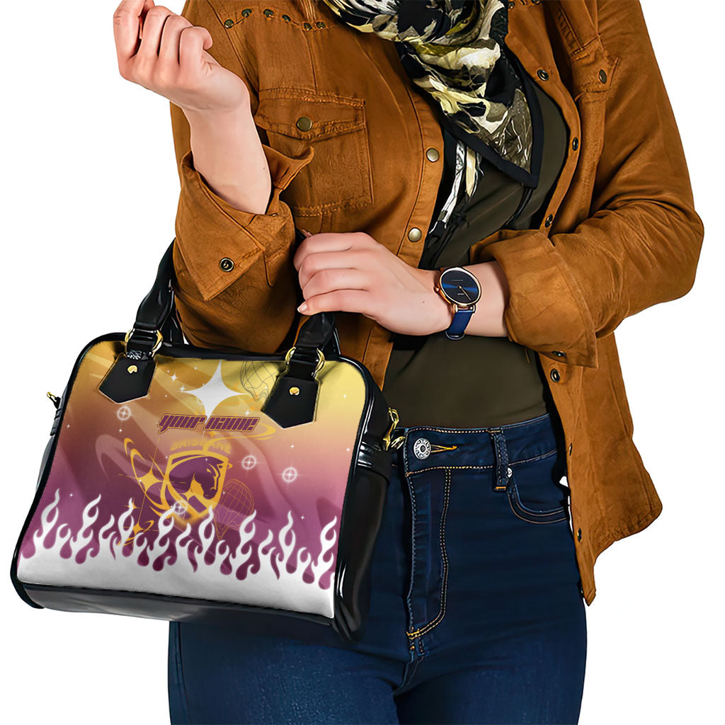 Personalized Brisbane Broncos Shoulder Handbag Y2K Grunge Aesthetic With Cyber Flames and Starburst Graphics