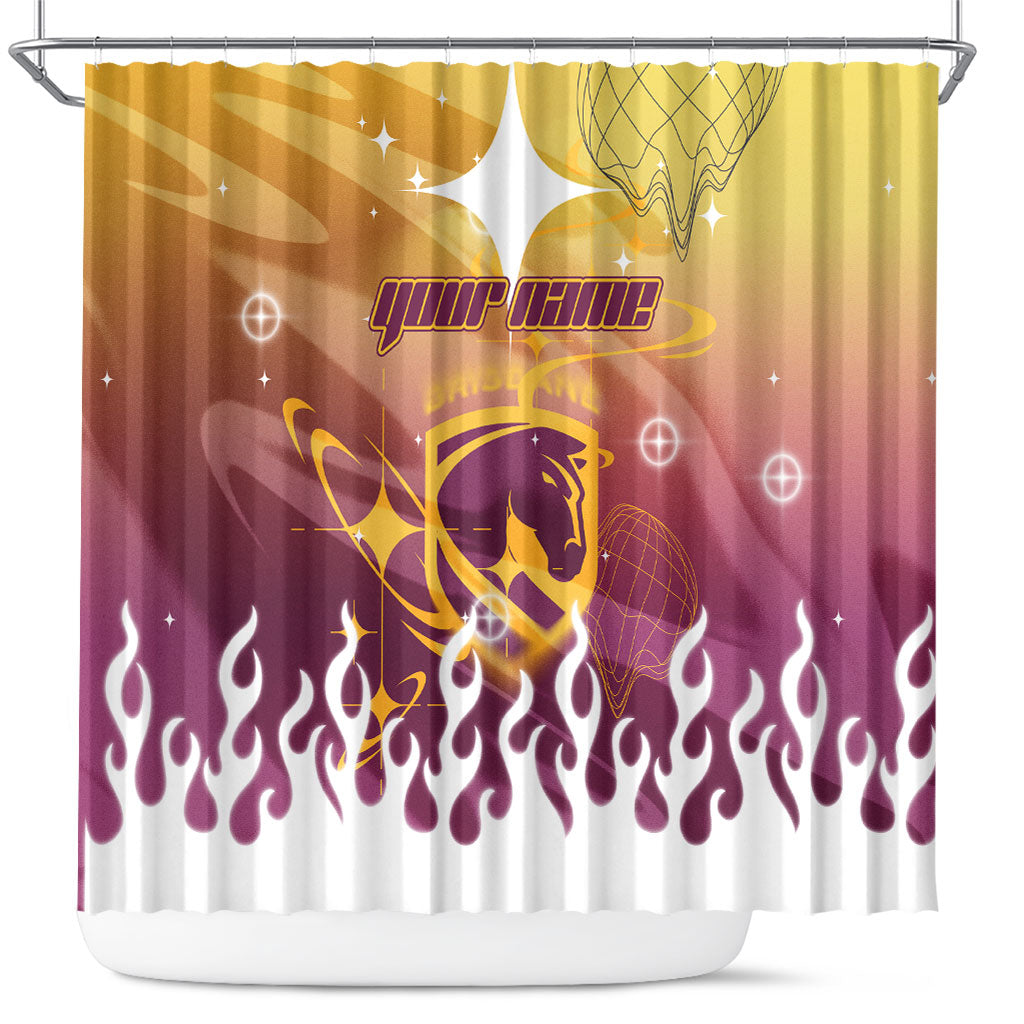 Personalized Brisbane Broncos Shower Curtain Y2K Grunge Aesthetic With Cyber Flames and Starburst Graphics