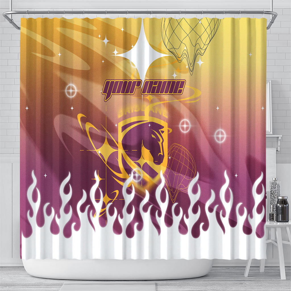 Personalized Brisbane Broncos Shower Curtain Y2K Grunge Aesthetic With Cyber Flames and Starburst Graphics