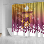 Personalized Brisbane Broncos Shower Curtain Y2K Grunge Aesthetic With Cyber Flames and Starburst Graphics