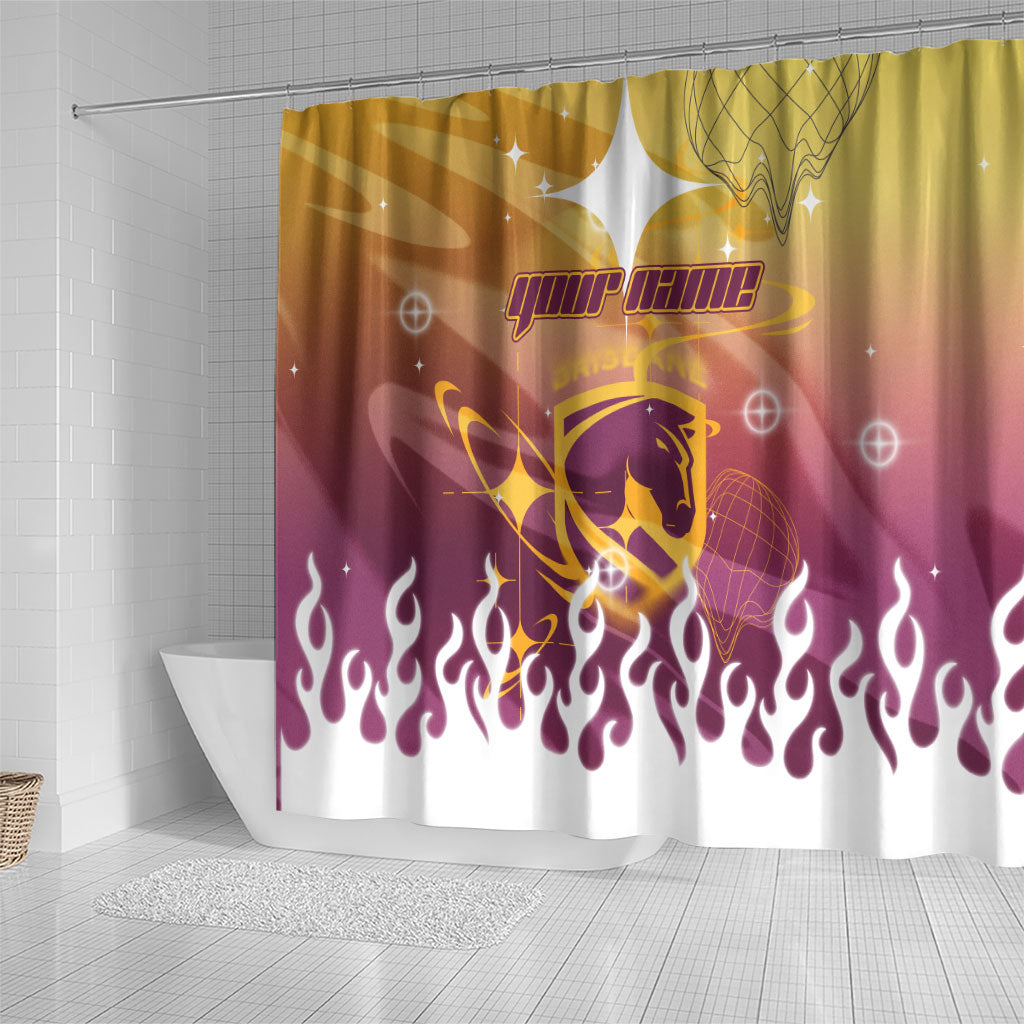 Personalized Brisbane Broncos Shower Curtain Y2K Grunge Aesthetic With Cyber Flames and Starburst Graphics