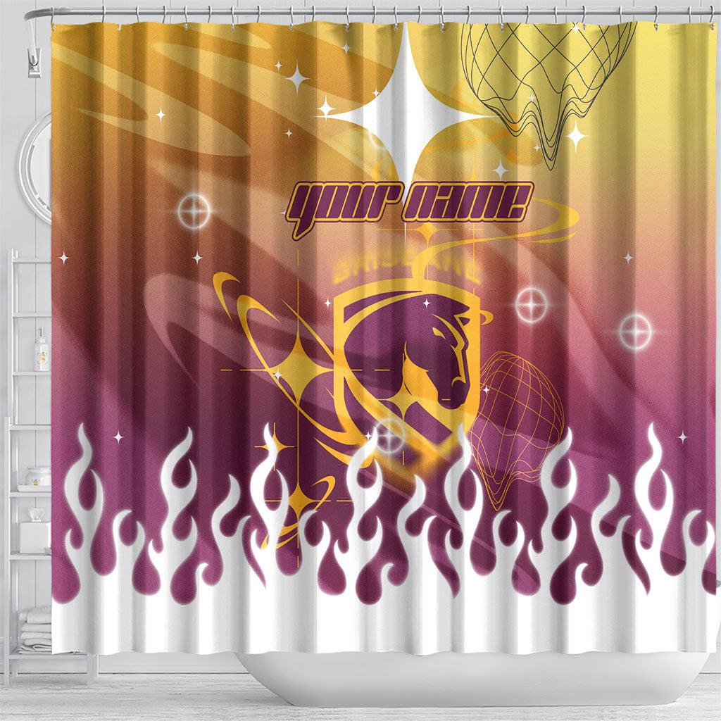 Personalized Brisbane Broncos Shower Curtain Y2K Grunge Aesthetic With Cyber Flames and Starburst Graphics