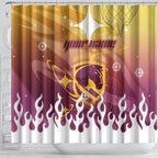 Personalized Brisbane Broncos Shower Curtain Y2K Grunge Aesthetic With Cyber Flames and Starburst Graphics
