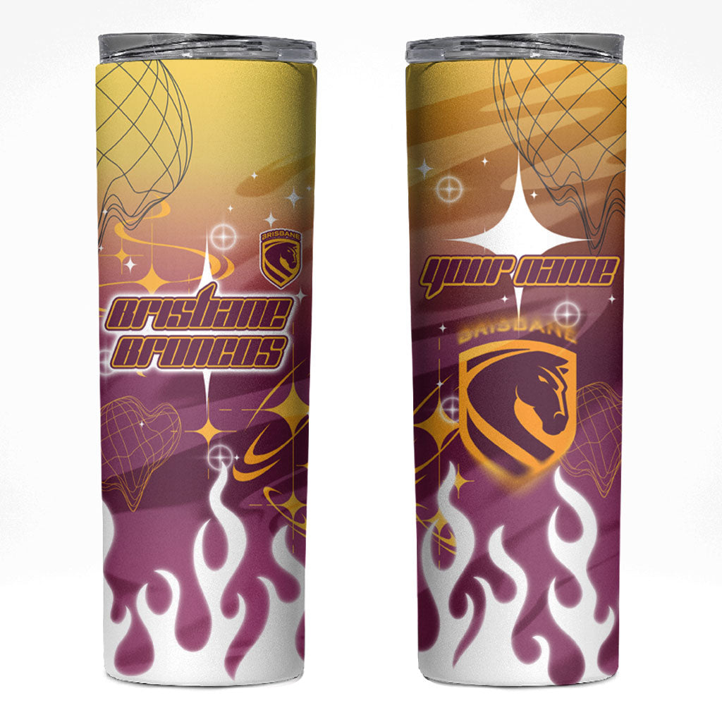 Personalized Brisbane Broncos Skinny Tumbler Y2K Grunge Aesthetic With Cyber Flames and Starburst Graphics