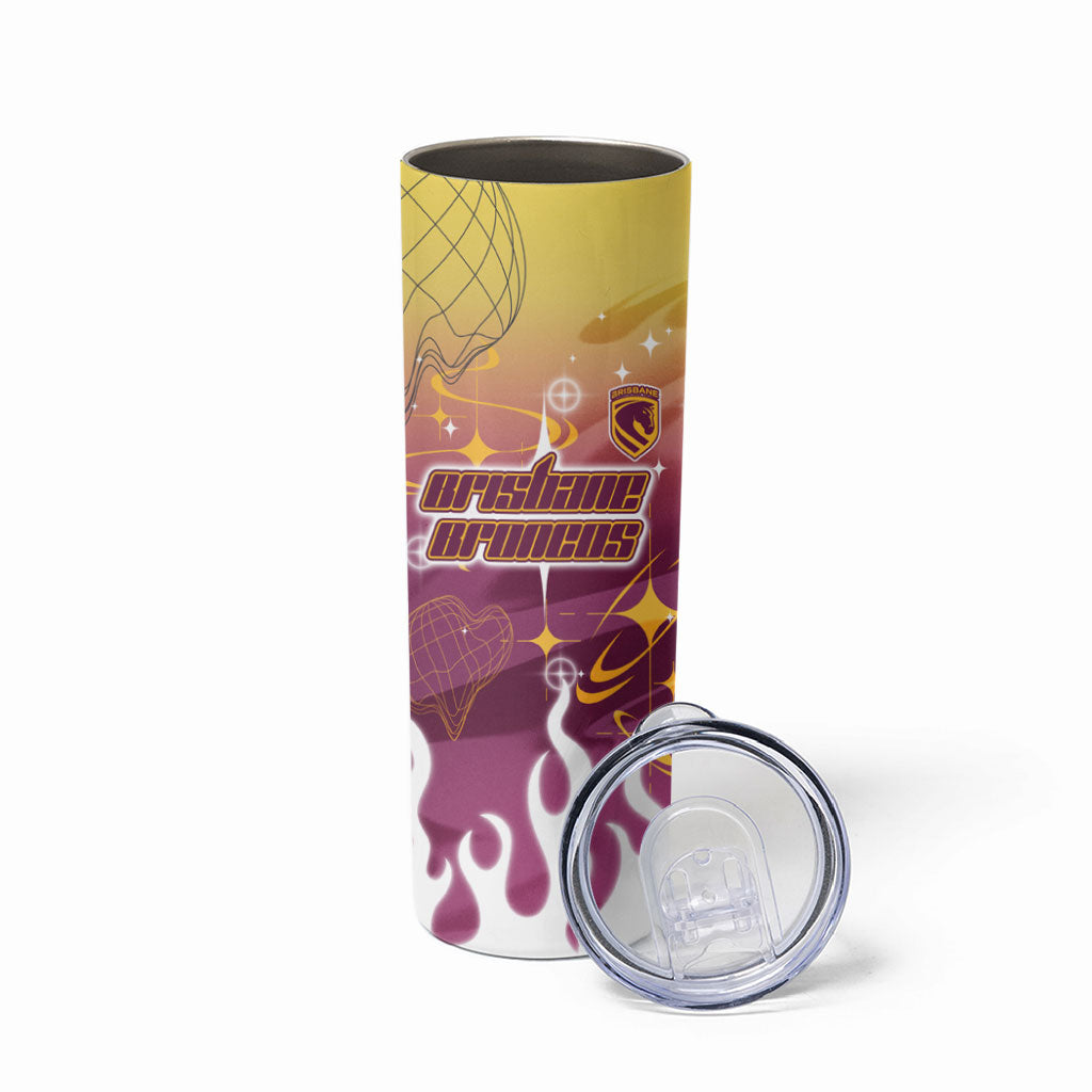 Personalized Brisbane Broncos Skinny Tumbler Y2K Grunge Aesthetic With Cyber Flames and Starburst Graphics