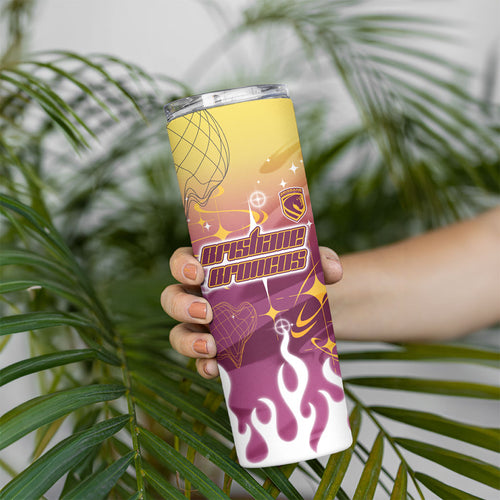 Personalized Brisbane Broncos Skinny Tumbler Y2K Grunge Aesthetic With Cyber Flames and Starburst Graphics