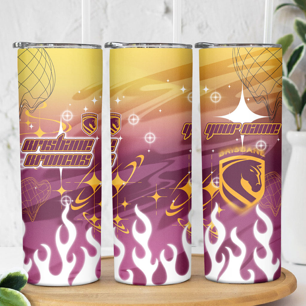 Personalized Brisbane Broncos Skinny Tumbler Y2K Grunge Aesthetic With Cyber Flames and Starburst Graphics