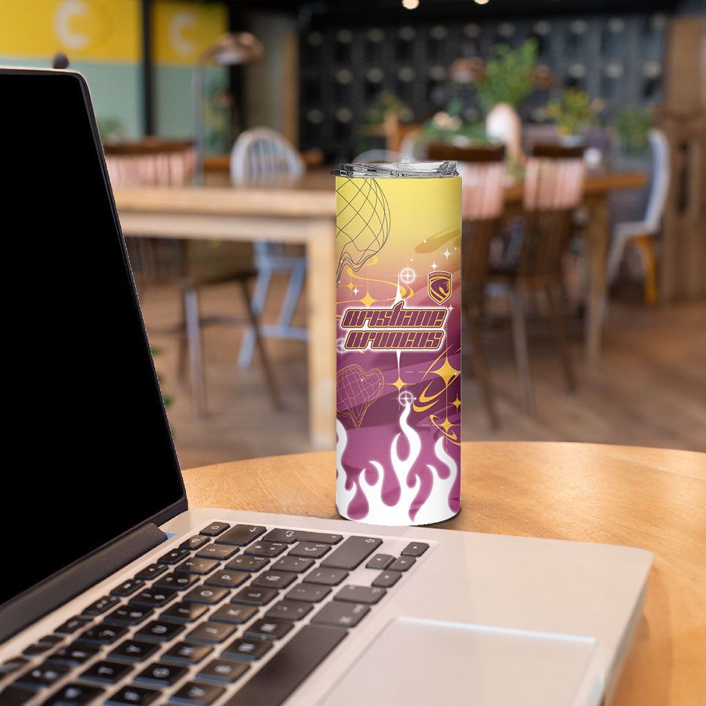 Personalized Brisbane Broncos Skinny Tumbler Y2K Grunge Aesthetic With Cyber Flames and Starburst Graphics