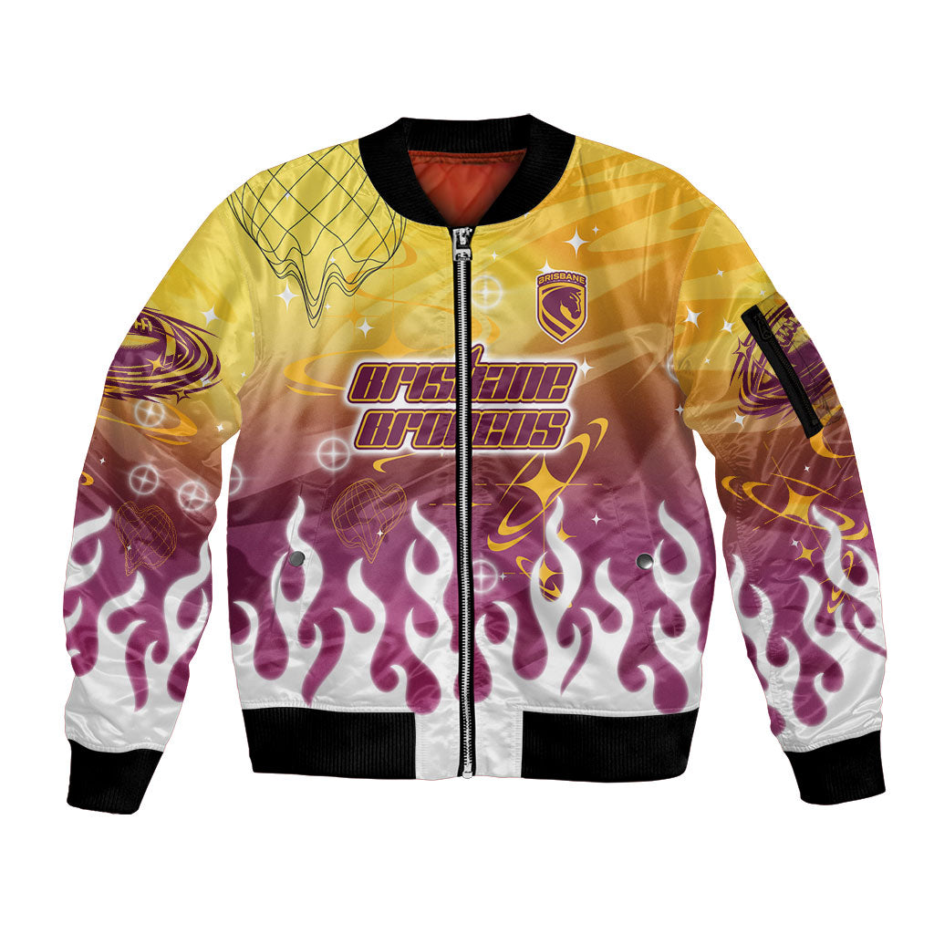Personalized Brisbane Broncos Sleeve Zip Bomber Jacket Y2K Grunge Aesthetic With Cyber Flames and Starburst Graphics